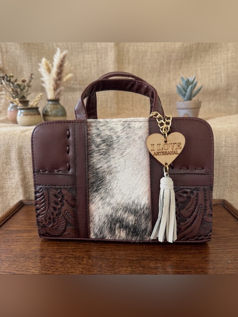 NWT Handmade Mexican Tooled Leather & Cowhide Small Box Crossbody Bag